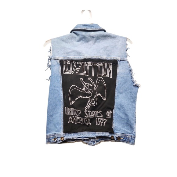 Medium Jackets & Blazers - Light Blue Denim Vest with Black Back Graphic Patch -LED ZEPPELIN vest